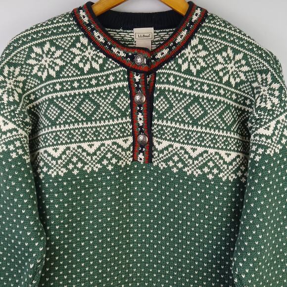 L. L. Bean VTG SZ M Cotton Nordic Fair Isle Snowflake/Heart Henley Sweater - Picture 3 of 6